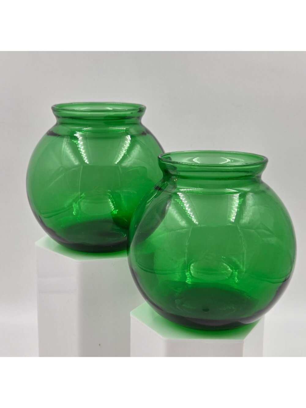 Pair of 2 Anchor Hocking Forest Green Ivy Ball Globe Vase